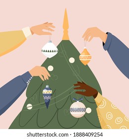 Vector illustration of people hands decorating christmas tree. Holidays card design