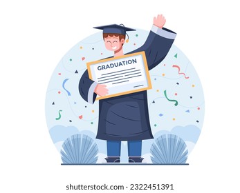 A vector illustration of people happily celebrating their graduation and holding their graduation certificates. Cheerful graduates people.
Perfect for greeting card, postcard, landing page, web.