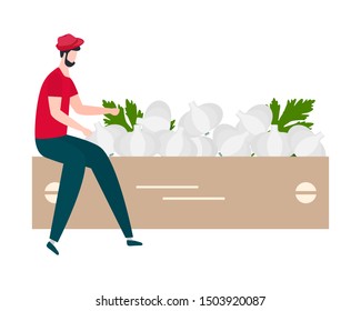 Vector illustration with people harvesting vegetables, boxes. Harvesting, agricultural work. Fall Harvest Fest design. Design for web page, presentation, print.