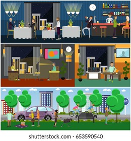Vector illustration of people having bad habits. Tobacco, narcotic, TV addiction and alcohol abuse, drug trip concept design elements in flat style.