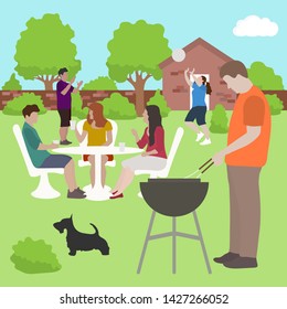 Vector illustration with people having bbq party in the backyard. BBQ party background. Family, friends on bbq picnic outdoors. Design for party card, banner, poster or print.