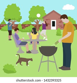 Vector illustration with people having bbq party in the backyard. BBQ party background. Family, friends on bbq picnic outdoors. Design for party card, banner, poster or print.