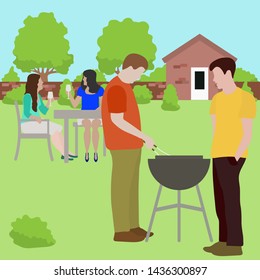 Vector illustration with people having bbq party in the backyard. BBQ party background. Family, friends on bbq picnic outdoors. Design for party card, banner, poster or print.