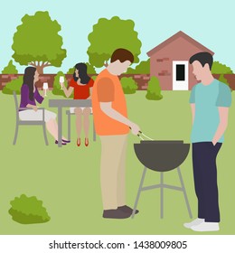 Vector illustration with people having bbq party in the backyard. BBQ party background. Family, friends on bbq picnic outdoors. Design for party card, banner, poster or print.