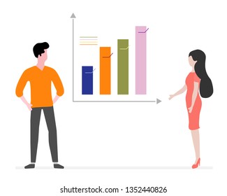 Vector illustration with people having business meeting. People discuss and make decisions background. Presentation, partnership. Brainstorming concept. Design for banner, poster or print.