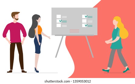 Vector illustration with people having business meeting. People discuss and make decisions background. Presentation, partnership. Brainstorming concept. Design for banner, poster or print.