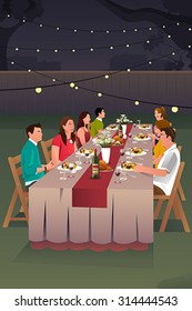 A vector illustration of people having dinner in the backyard together