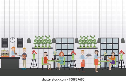 Vector illustration of people having dinner at cafe, buying coffee to go, waiter and waitress serving meals and wine. Flat style design.