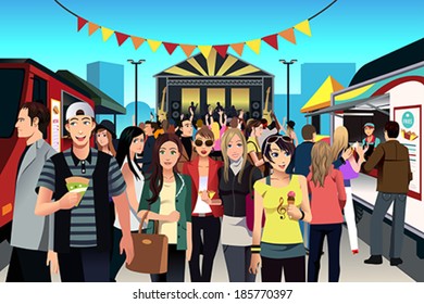 A vector illustration of people having fun in street food festival