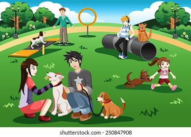 A Vector Illustration Of People Having Fun In A Dog Park