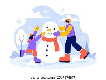 Vector Illustration of People Having Fun Outdoors Building a Snowman During Winter Activities in a Flat Style Cartoon Background