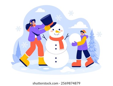 Vector Illustration of People Having Fun Outdoors Building a Snowman During Winter Activities in a Flat Style Cartoon Background