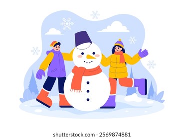 Vector Illustration of People Having Fun Outdoors Building a Snowman During Winter Activities in a Flat Style Cartoon Background