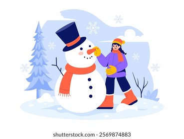 Vector Illustration of People Having Fun Outdoors Building a Snowman During Winter Activities in a Flat Style Cartoon Background