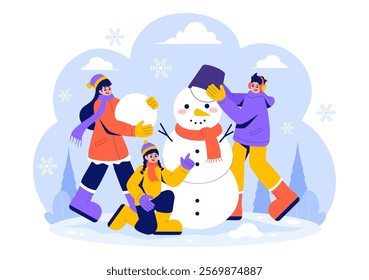 Vector Illustration of People Having Fun Outdoors Building a Snowman During Winter Activities in a Flat Style Cartoon Background