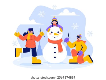 Vector Illustration of People Having Fun Outdoors Building a Snowman During Winter Activities in a Flat Style Cartoon Background