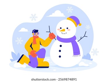 Vector Illustration of People Having Fun Outdoors Building a Snowman During Winter Activities in a Flat Style Cartoon Background