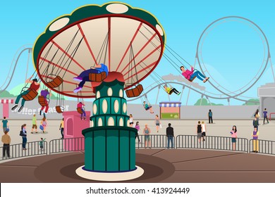 A Vector Illustration Of People Having Fun In Amusement Park