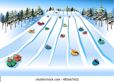 A Vector Illustration Of People Having Fun Sledding On Tubing Hill During Winter