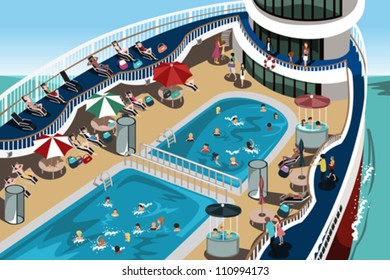 A vector illustration of people having a good time on their cruise vacation