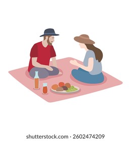 Vector illustration of people having a picnic on a white background. There is food, drinks and picnic mats.
