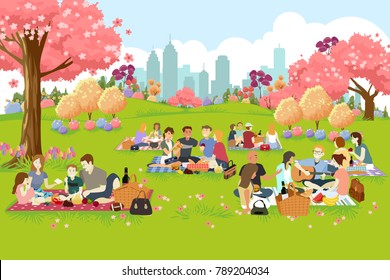 A vector illustration of People Having Picnic at the Park During Spring