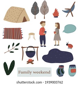 Vector illustration of people having a rest in a park at a picnic. active family weekend in the forest by the lake