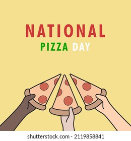 Vector illustration people having slice of pizza on national pizza day. People sharing pepperoni pizza.