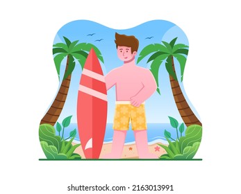 Vector illustration of people having summer vacation on the tropical beach and want to surf. 
Can be used for greeting card, postcard, animation, web, etc.