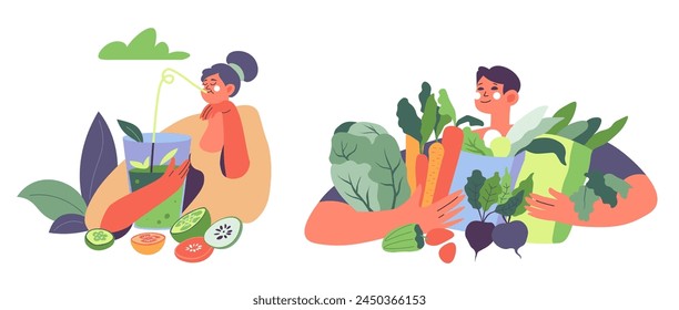 Vector illustration of people with healthy vegetables, isolated on white.