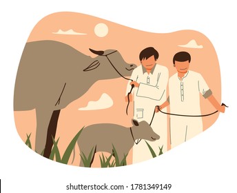 vector illustration of people herding cows for qurban or kurban or sacrifice. happy Eid al adha, greeting card, banner, cartoon cow concept. Isolation on white background
