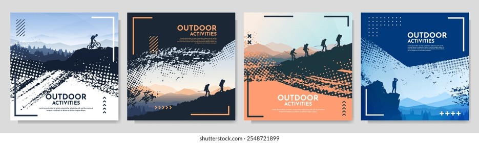 Vector illustration. People hike and walk around the nature enjoying scenic view. Hiking. Adventure tourism background with brush stroke smear overlay, halftone dots and memphis pattern elements