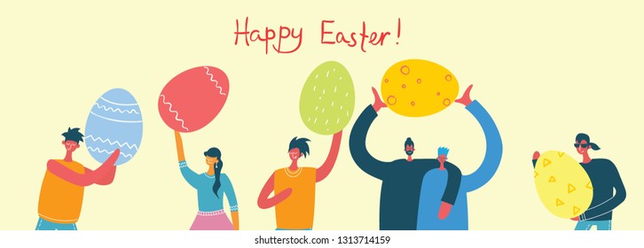 Vector illustration of people hold the eggs and celebrating the Easter day with all family, friends. Easter street event, festival and fair, banner, poster design in the flat design