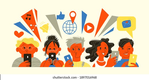 Vector illustration. People hold mobile phones in their hands and use them for different purposes. Phone and social media addiction for today's youth
