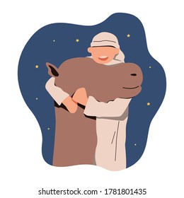 vector illustration of people holding camel for qurban or kurban or sacrifice. happy Eid al adha, night ramadan, greeting card, banner, cartoon camel. illustration for landing page design.