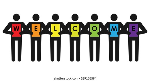 vector illustration of people holding greeting text welcome in minimalistic man sign style 