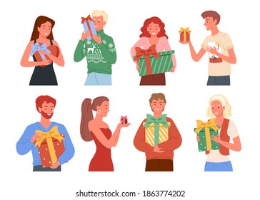 Vector illustration people holding presents, Christmas gift boxes. Happy friends take and give presents each other. collection isolated on white background