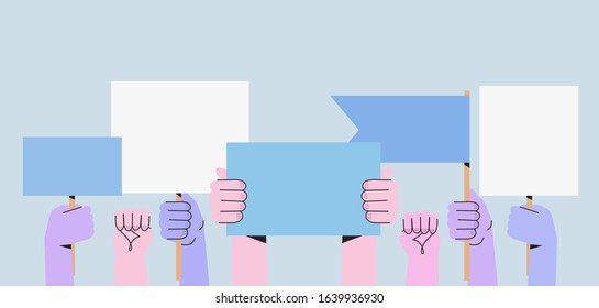 Vector illustration of people holding signs, banner and placards on a protest demostration or picket. People against violence, pollution, descrimination, human rights violation.