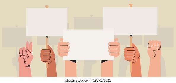 Vector illustration of people holding signs, banner and placards on a protest demostration or picket. People against violence, pollution, descrimination, human rights violation.