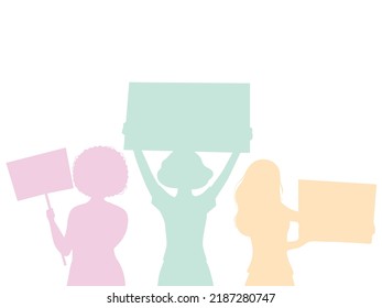 Vector illustration of people holding signs, banner and placards on a protest demostration or picket. Women against violence, pollution, descrimination, human rights violation.