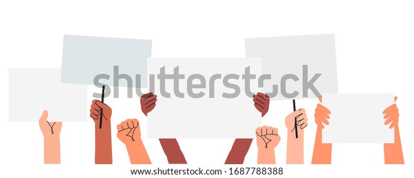 Vector\
illustration of people holding signs, banner and placards on a\
protest demostration or picket. People against violence, pollution,\
descrimination, human rights\
violation.