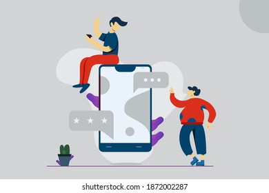 Vector illustration, illustration with people holding smartphones, Young people are standing near by a huge smartphone and using own smartphones with bubble chat element,  modern flat people character