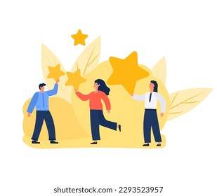 A vector illustration of people holding stars and giving a five-star rating as feedback.Customers and clients choose their satisfaction rating and leave positive reviews to evaluate their experiences.