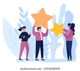 A vector illustration of people holding stars and giving a five-star rating as feedback.Customers and clients choose their satisfaction rating and leave positive reviews to evaluate their experiences.