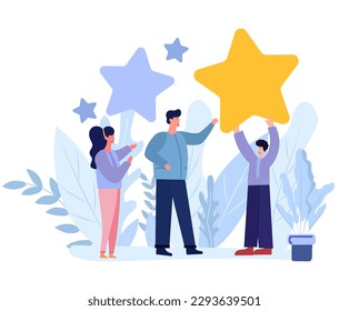 A vector illustration of people holding stars and giving a five-star rating as feedback.Customers and clients choose their satisfaction rating and leave positive reviews to evaluate their experiences.