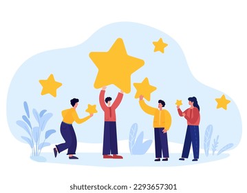 A vector illustration of people holding stars and giving a five-star rating as feedback.Customers and clients choose their satisfaction rating and leave positive reviews to evaluate their experiences.