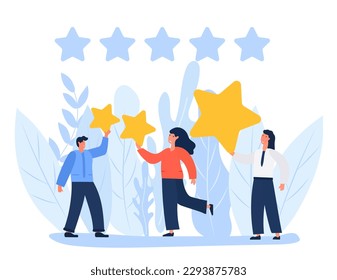 A vector illustration of people holding stars and giving a five-star rating as feedback.Customers and clients choose their satisfaction rating and leave positive reviews to evaluate their experiences.