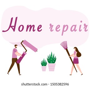 Vector illustration with people holding tools for painting works, home repair inscription. Painting, repair of premises. Building, construction, home repair tools. Design for web page, print.