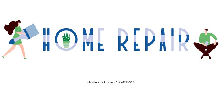 Vector illustration with people holding tools for painting works, home repair inscription. Painting, repair of premises. Building, construction, home repair tools. Design for web page, print.