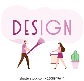 Vector illustration with people holding tools for painting works, design inscription. Painting, repair of premises. Building, construction, home repair tools. Design for web page, presentation, print.